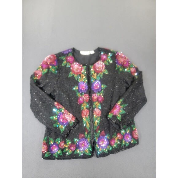 Vintage Laurence Kazar Jacket Womens XL Black Silk Beaded Sequin Floral 90s - Picture 1 of 15